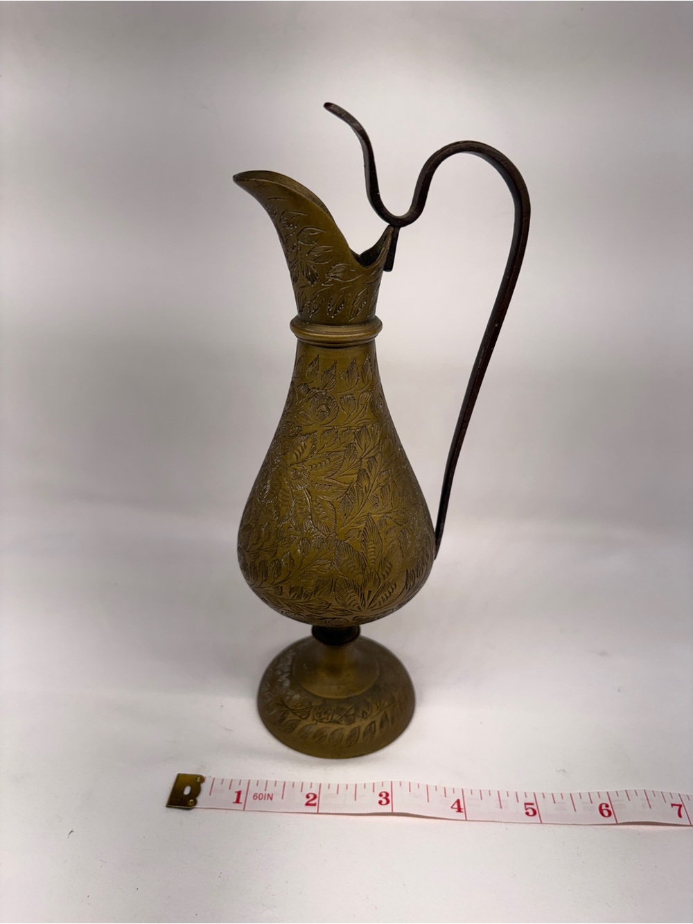 Vintage Etched Brass Ewer Pitcher Vase Made in India - Boho Decor